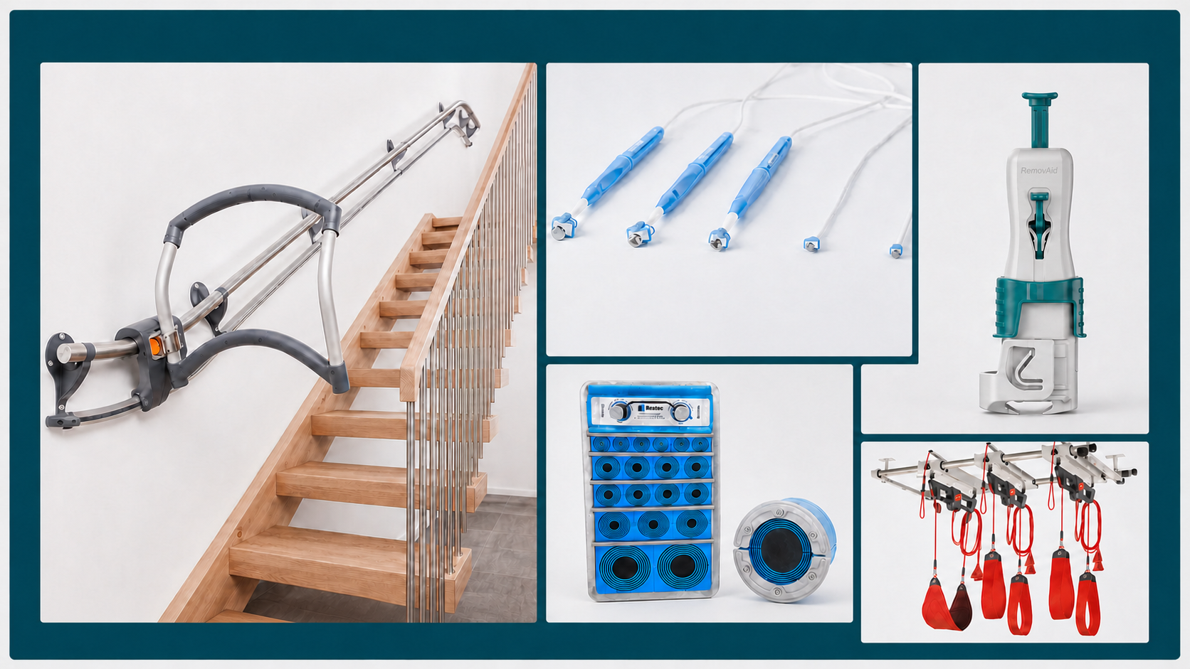 Kollasj av AssiStep, Medistim, RemovAid, Roxtec og Redcord